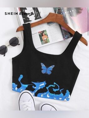 SHEIN Black Crop Tank with Blue Butterfly & Wave Motif